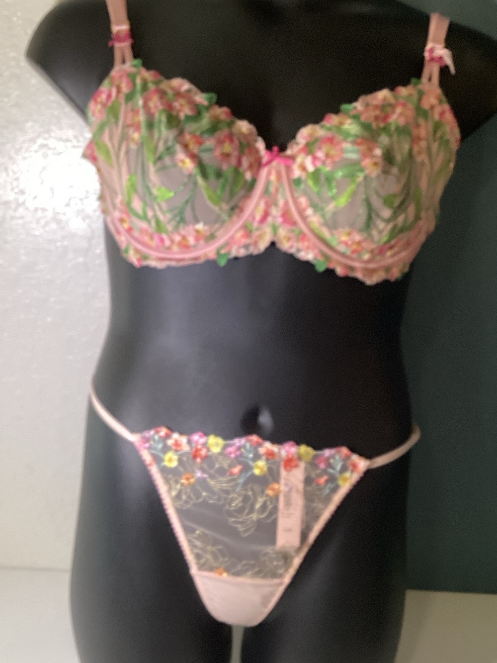 Victoria's Secret Pink Floral Embroidered Sheer Bra & Thong Set